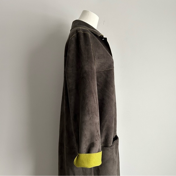 Vintage 90s Y2k Olive Green Faux Suede Long Coat Womens M Worlds Apart - Picture 4 of 5